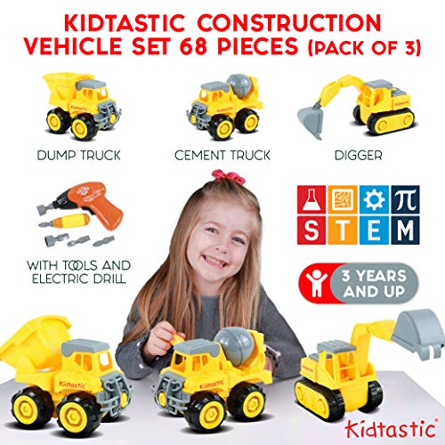 Kidtastic 3 Pack Construction Vehicles Trucks Toys Set, Take Apart Stem Learning Toy With Excavator, Dump Truck, Bulldozer, Tools And Drill Fun Educational Toy For Toddler, Girls And Boys #TOP2