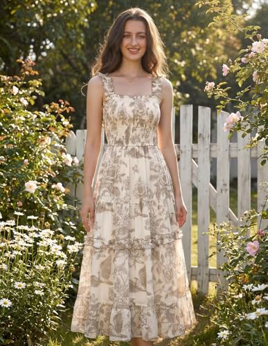 Image of Scarlet Darkness Floral Dress for Women 2026 Flowy Sundress Smocked Cottagecore Dresses
