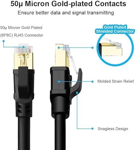 Miniatura 6 de Yauhody Cable Ethernet CAT 8 de 50 pies, de alta velocidad de 40 Gbps 2000 MHz SFTP de red de Internet LAN con conector RJ45 chapado en oro para