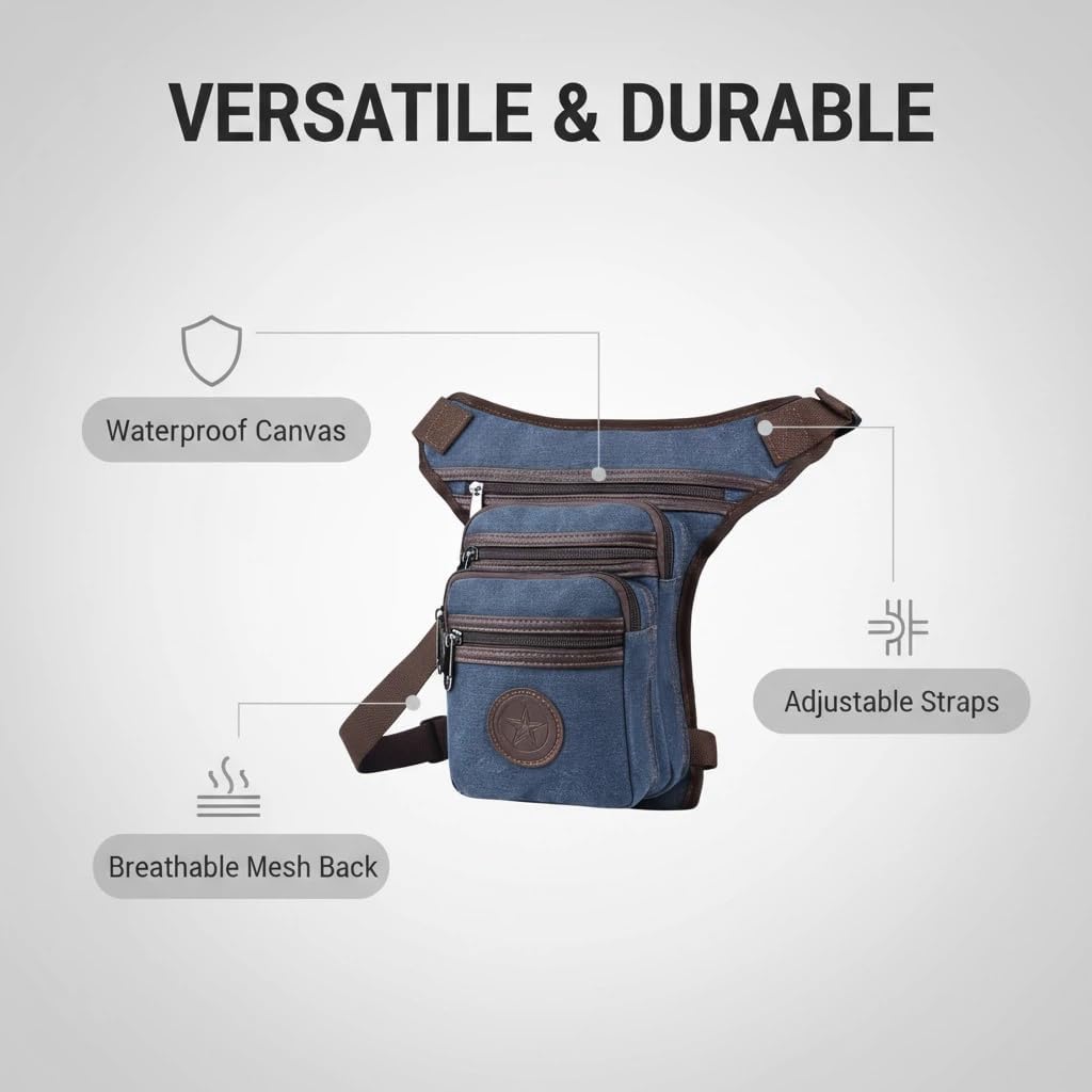 Waterproof Canvas Drop Leg Bag, Multi-Pocket Thigh Bag for Men and Women, 7x2.4x11.8 Inch, for Hiking, Cycling, Motorcycling, Fishing (Dark Blue)