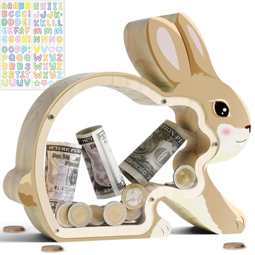 Uniwooder Wooden Bunny Piggy Bank for Kids, Rabbit Money Bank for Girls