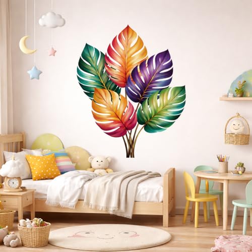 Image of Rangoli Colorful Tropical Leaves Wall Art 16x21 Inch | Abstract Botanical Monstera Leaf Painting | Vibrant Multicolor Canvas Print for Living Room Bedroom Home Decor