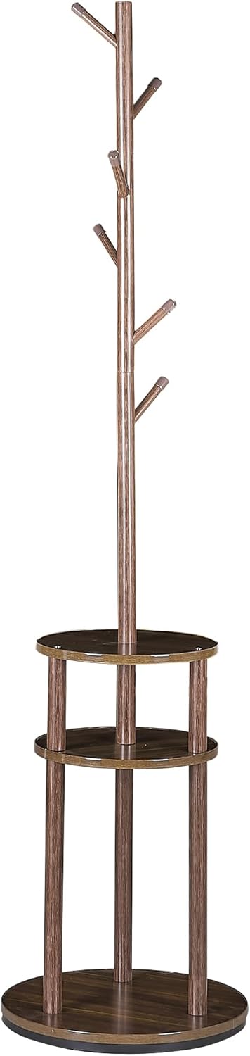 VECELO Coat Rack Freestanding, Entryway Hanger Stand, Umbrella Holder, Hall Tree With Hooks, Floor Standing Metal Tree Stand,Walnut, Medium-sized