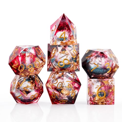 Haxtec Blood DND Dice Set Sharp Edge Resin Polyhedral Dice with Blue Liquid Core Handmade 7PCS Set with Metal Case Great Gift for Dungeons and Dragons D&D TTRPG RPG
