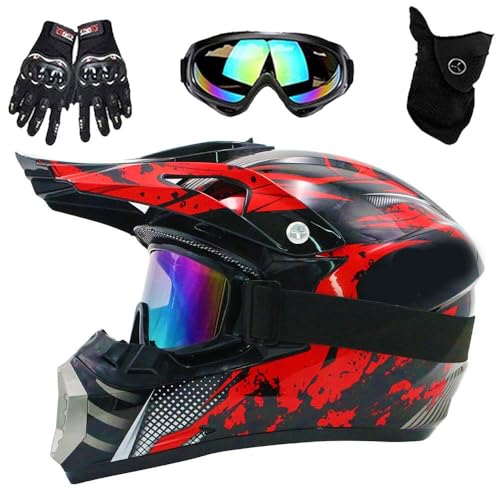 Casco da Motocross Per Bambini E Adulti, con Occhiali, Guanti E Maschera, Atv, Casco da Moto Per Adulti, Fuoristrada, Nero, Unisex, Approvato DOT(M(54-55cm))