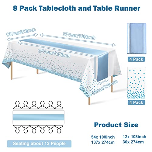 8Pack Disposable Plastic Tablecloths And Satin Table Runner Set White And Light Blue Dot Tablecloth Light Blue Satin Table Runner For Wedding Birthday Baby Shower Engagement Christmas Party Supplies #TOP1