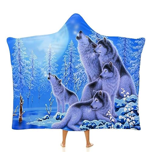 Begarm Couverture à capuche en polaire avec motif de famille de loups en hiver - Poncho en microfibre Sherpa - 152,4 x 127 cm - Pour adolescents