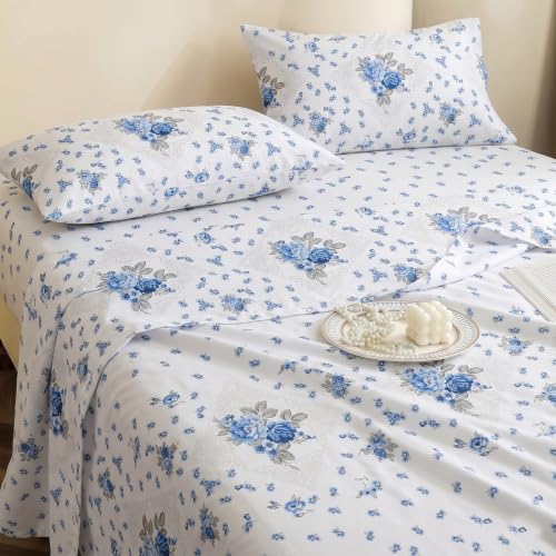 Image of IVAZA 240 TC Soft Ezyption Cotton Floral Print King Size Bedsheet - with 2 Pillow Covers, Hypoallergenic, Brethable, (Size- 90 x 90 Inch) Blue White Flower