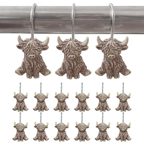 12 Pcs Highland Cow Shower Curtain Hooks for Western Rustic Bathroom Decor | Farmhouse Rings Hangers Rust Resistant Highland Cow Decor for Restroom Vintage Cowboy Bathroom Resin and Stainless Steel Hook