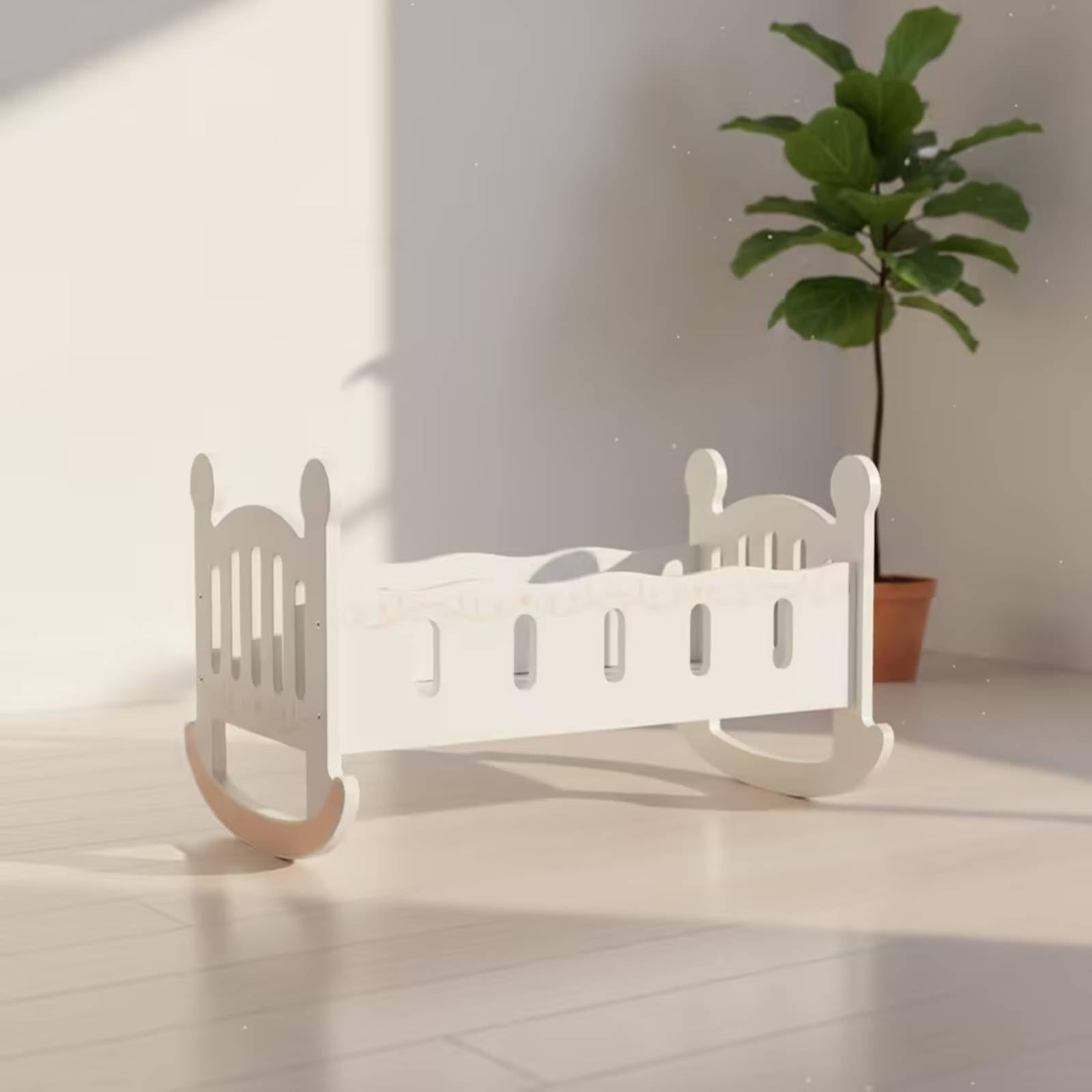 harayaa Kinder Puppenwiege Puppenbett Puppenkrippe Schaukelbett Holzbett mit Sanfter Wippfunktion aus Holz für Rollenspiel Und Fürsorge für Kinderzimmer Kindergarten Spielzimmer 52.5x34x30cm
