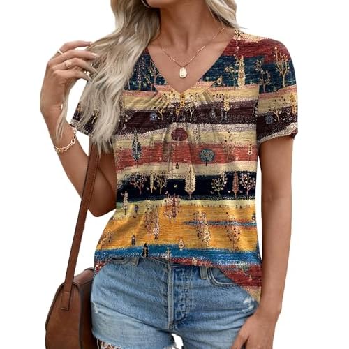 LOMON Womens Summer Tops Short Sleeve V Neck Pleated T-Shirts Loose Fit Dressy Casual Blouses S-XXL X-Large M Retro Forest