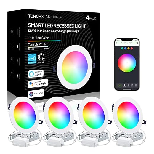 TORCHSTAR Smart Recessed Lighting 6inch with J-Box, 2.4G WiFi LED CRI90 Ceiling Light Color Changing RGBCW Smart Downlight, Voice Control with Alexa, Google Assistant, Siri, ETL & ES Listed, 4 Pack