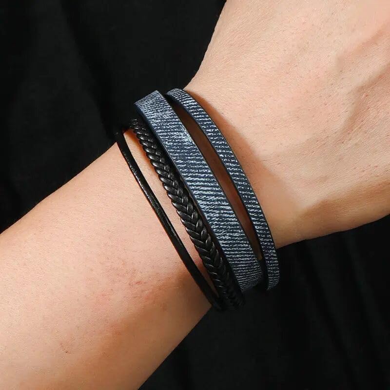 Image of THE MEN THING Leather Bracelet for Men - American Style Genuine Leather Multi-Layer Braided Bracelet with 100% Stainless Steel Magnetic Buckle for Men & Boys (8 inch)