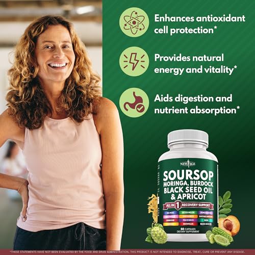 Image of NEW AGE Soursop Supplement - Moringa, Sea Moss, Black Seed Oil, Berberine, Turmeric, Apricot, Quercetin, Greens, Bitters, Boswellia, Bitter Melon, Burdock Root - 180 Capsules