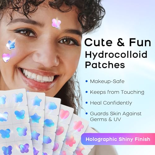AVAPY Pimple Patches for Face, Cute Hydrocolloid Acne Patches, Colorful Hologram Star Sport Stickers, Zits & Blemish, Pimple Patch with Salicylic Acid, Blue Star Butterfly Pimple Patch (48 Count)