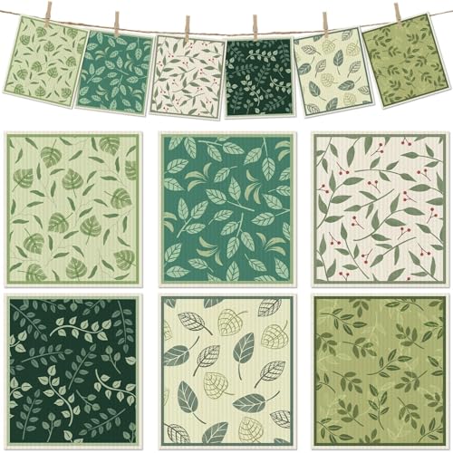 Revahope 6 Packs Swedish Paper Cloths for Kitchen, Reusable Paper Towels Washable Dish Rags, Highly Absorbent Kitchen Towels Quick Drying Swedish Sponge Cleaning Dish Cloths (Plant Leaves)