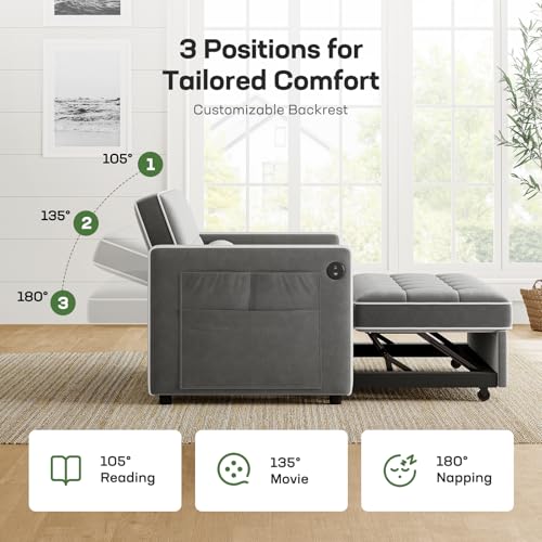 Marsail 3-in-1 Convertible Futon Sleeper Sofa Bed, Pull Out Couch with Adjustable Backrest, USB Charging & Side Pockets, Velvet Fabric Sofa for Living Room, Apartment, Loveseat, Grey