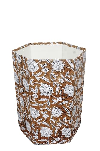 Image of 3.3 Gallon Cotton Hand Block Printed Paper Waste Basket |Small Decorative Trash Can for Housewarming Gifts in Living Room, Bedroom, Bathroom | Eco-Friendly, Plastic-Free (1, Brown White FLOWAR)