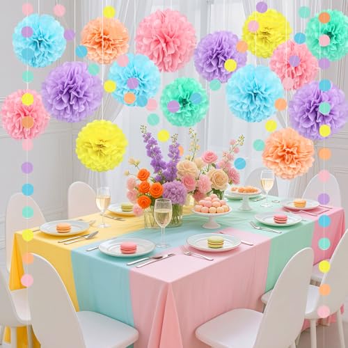 Image of KAXIXI Macaron Colored Tissue Paper Pom Poms, Pastel Paper Pom Poms Circle Garland for Easter Party, Ice Cream Party Decorations, Wedding, Birthday, Bridal Shower, Bachelorette, Baby Shower, 16PCS