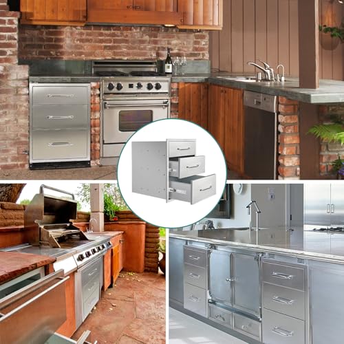 Image of Outdoor Kitchen Drawers 18 inch W x 23 inch H x 21 inch D Stainless Steel Drawer BBQ Triple Drawers with Chrome Handle for Outdoor Kitchen Island, Patio Grill Station
