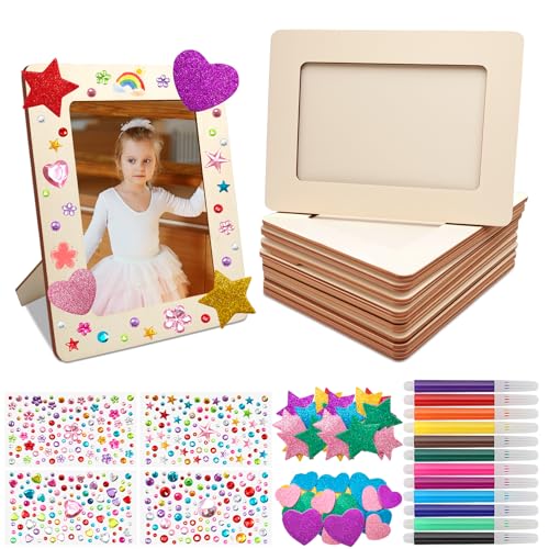 10pcs Cadre Photo Bois, Bricolage Cadres Photos pour Enfant, Kits de Cadres Photo Vierge en Bois avec Diamant Autocollants et Crayons de Couleur, pour Cadres Photo DIY,...