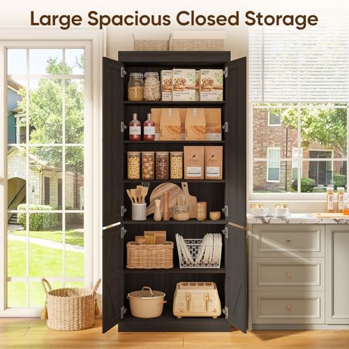 Image of Vyre 70.8 inch Tall Farmhouse Bookshelf, Modular Bookcase with Glass Doors, 6-Tier Adjustable Shelves, Large Storage Cabinet for Kitchen, Living Room, Black, Set of 2