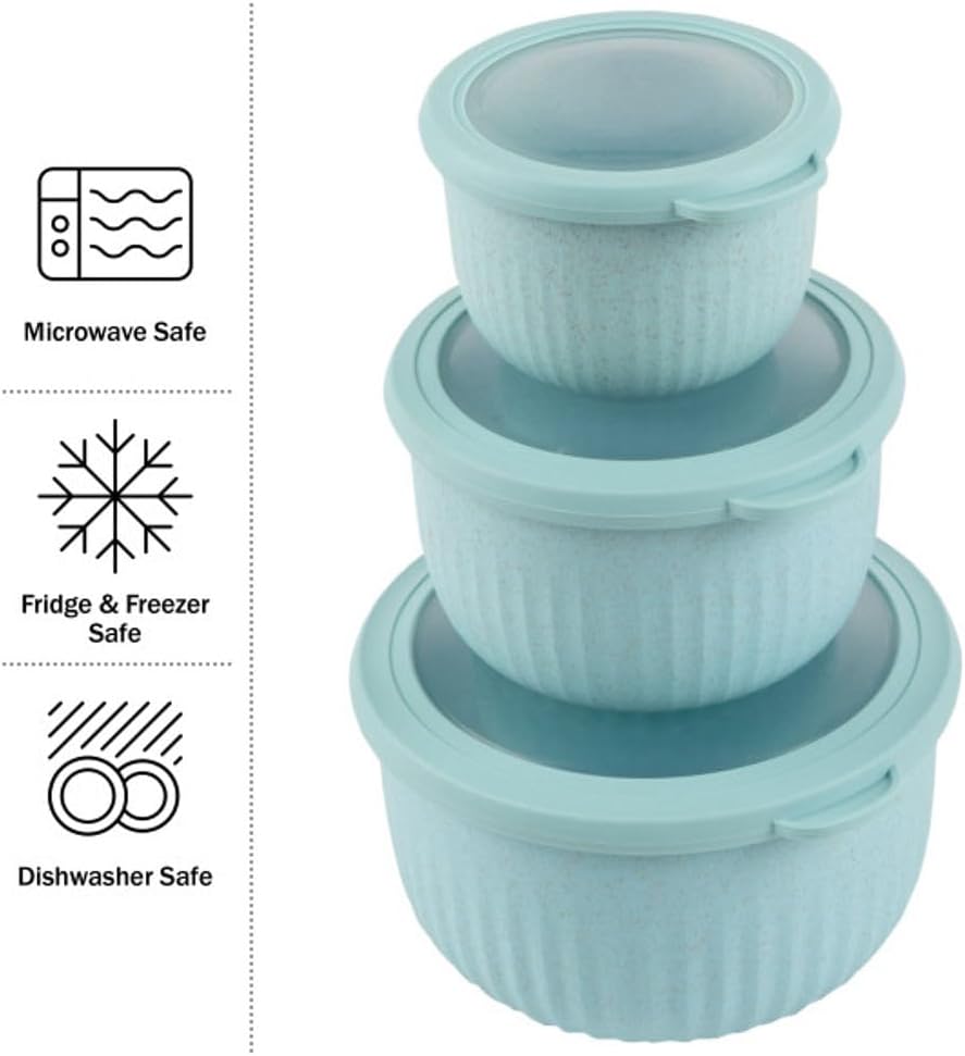 Set of 3 Bowls with Lids - Microwave, Freezer, and Fridge Safe Nesting Mixing Bowls - Eco-Conscious Kitchen Essentials by Classic Cuisine (Teal), S, M, L