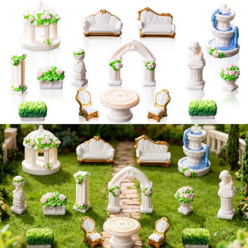 Exasinine 15 Pcs Mini Garden Furniture Ornaments, Micro Resin Patio Set with Table Chair Bench Arch Fountain Statues for DIY Fairy Garden and Home Micro Landscape Decor