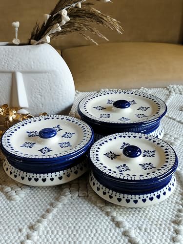 Image of Niyara Stoneware Handmade Ceramic Handpainted Multipurpose Storage Ceramic Jars & Containers with Lid Microwave Dishwasher Safe(Set of 3,) - Kitchen Storage /Serving Snacks Dish (Blue Berry)