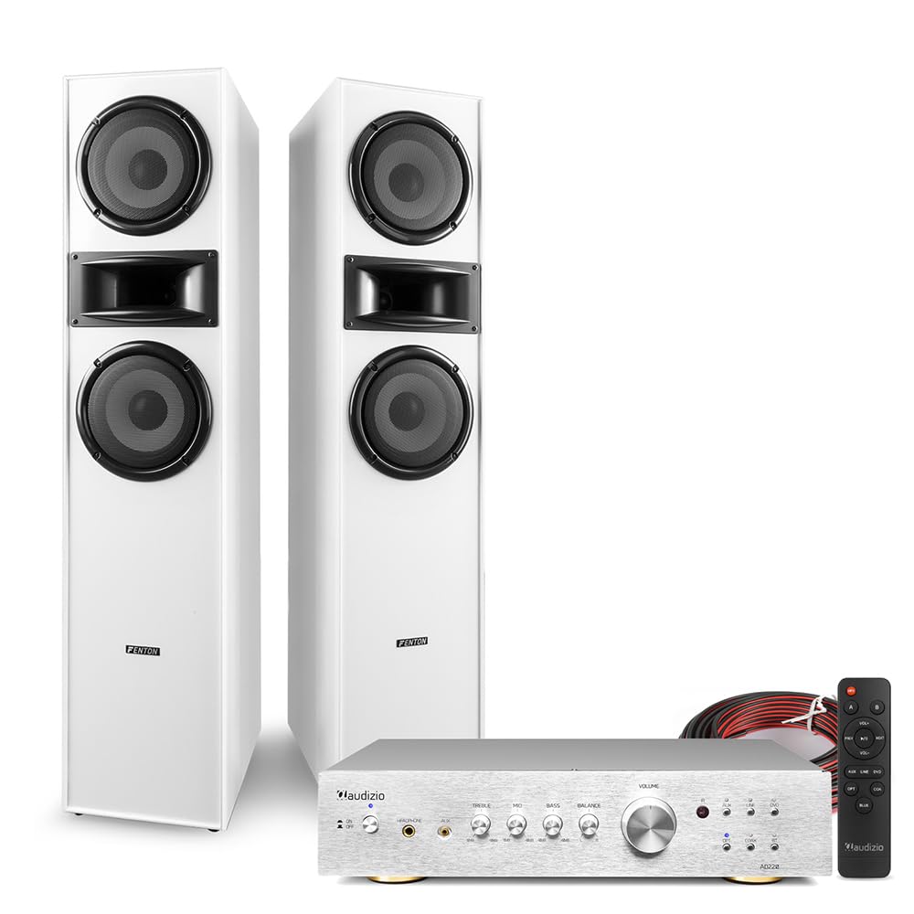 SHF700W Floor Standing HiFi Tower Speaker System, Bluetooth Amplifier & Speaker Cable Kit - Powerful Home Stereo System with Tower Speakers & Amplifier for TV Audio - White