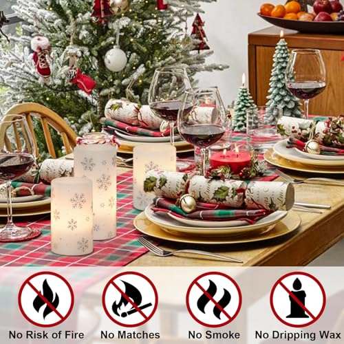 Image of Eldnacele Christmas Flickering Flameless Candles with 6 Hour Timer, Silver Snowflake Decal Battery Operated Real Wax LED Pillar Candles Home Tabletop Holiday Decor(3Pcs,3x4 /5 /6 Inches)