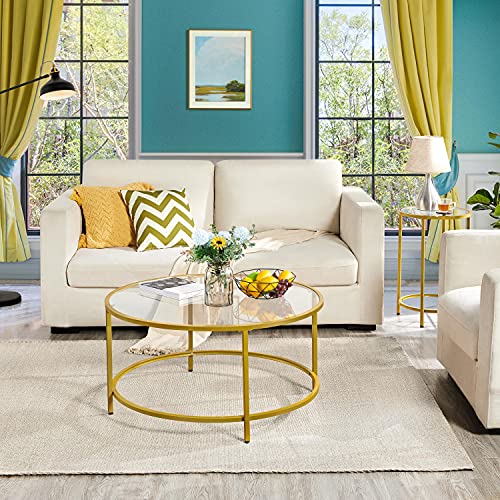 Yaheetech Coffee Table Set Of 3, Round Coffee Table & 2Pcs Accent End Table Easy Assembly W/Glass-Top Surface & Reinforced Frame For Living Room,Apartment,Small Space,Mustard Gold #TOP6