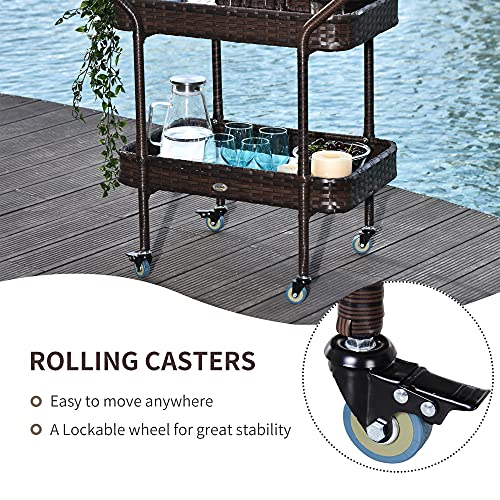 Outsunny Rattan Wicker Serving Cart With 2-Tier Open Shelf, Outdoor Wheeled Bar Cart With Brakes For Poolside, Garden, Patio #TOP3