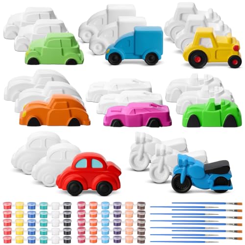 Blulu 24 Pcs DIY Ceramic Paint Kit Cars Unfinished Ceramic to Paint Vehicle Models Set Gift in 8...