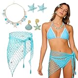 Crunier 6 Pcs Meerjungfrau Kostüm Damen,Sirenen Kostüm Meerjungfrau Zubehör Set mit Häkelrock Vertuschen,Seestern Haarspange,Muschel Ohrringe,Halskette,Muschelschmuck für Cosplay Karneval (Blau)