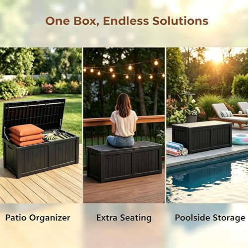 Image of 121 Gallon Resin Deck Box for Patio - Outdoor Storage Chest for Patio Furniture Cushions, Garden Tools, Pool Accessories - Lockable, Waterproof, All-Weather, Wood Grain Design, Easy Assembly