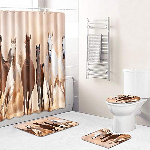 ZDDWLDL 3D Gedruckter Duschvorhänge Set Khaki Braunes Weißes Tierpferd Duschvorhang Set 4 Stück Badezimmer Dekor Vorhang…