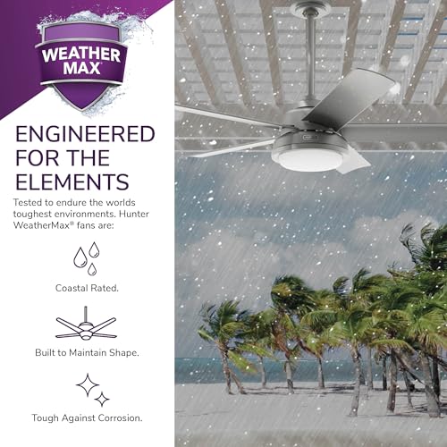 Image of Hunter Fan Company, 52416, 52 inch Seawall Matte Silver WeatherMax Indoor /Outdoor Ceiling Fan with LED Light Kit and Wall Control