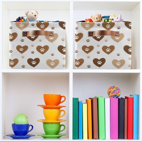 Image of Aslsiy Storage Basket Brown Hearts and Paws (2) Nursery Bins Baby Canvas Box Clothes Shelf Basket Laundry Hampers 1 Pcs