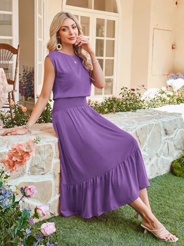 Image of Kikibell Womens Summer Dresses Cap Sleeve Elastic Waist Midi Dress with Pocket Long Causal Sundress Beach Vacation Outfits