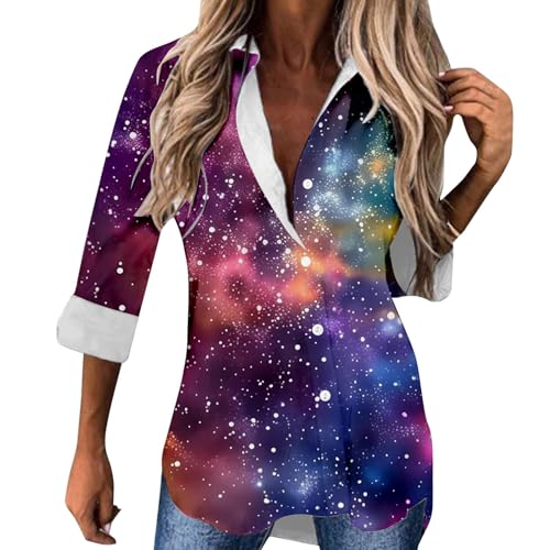 Camiseta Mujer Camisa Mujer Manga Larga Impresión Cielo Estrellado Botonada Blusa Casual con Diseño Elegante para el Día a Día
