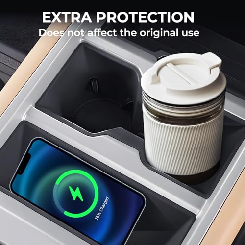 Image of Cup Holder Insert & Wireless Charging Protective Mat for Land Rover Defender 90 /110 /130 2026 2025, Interior Accessories Car Cup Holder & Wireless Charger Cover Pad for 2025-2026 Defender, Black