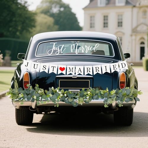 Image of Just Married Car Decorations Kit Wedding Car Decor with Artificial White Roses Banner Flower Vine Tulle Ribbon Sign Stickers Getaway Car Accessories for Bride and Groom Send Off SUV Truck
