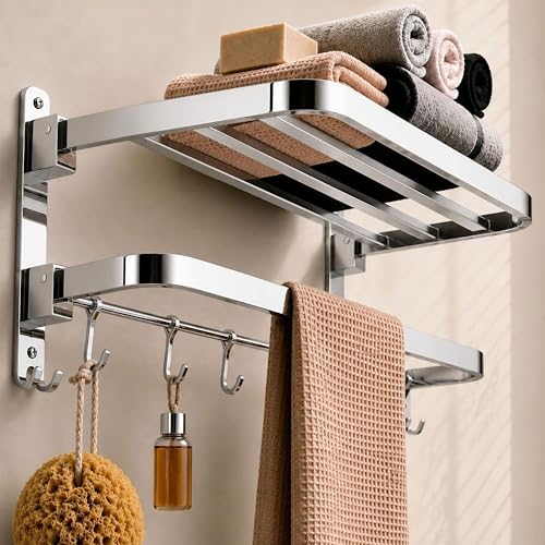 Image of Towel Rack for Bathroom 24 Inch Stainless Steel | Dual Folding Towel Holder Wall Mounted | Foldable Towel Stand, Towel Hanger, Bathroom Accessories for Home & Kitchen