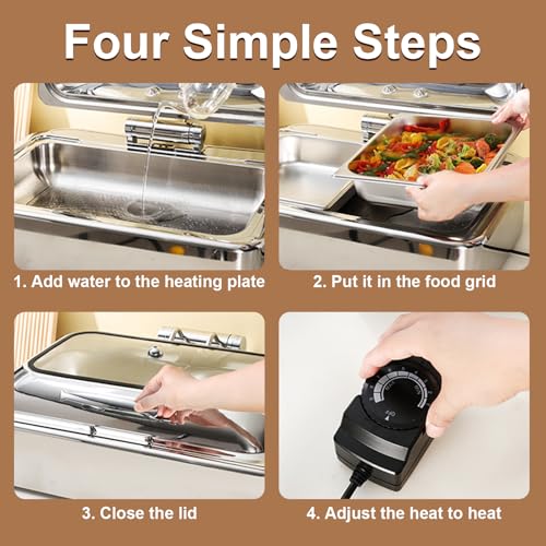 Aocay 9L Chafing Dish Elektrisch, Edelstahl Speisewärmer Behälter, Commercial Wärmebehälter für Speisen, Rechteckig Buffetwärmer mit Sichtbarem Glasdeckel für Catering, Buffet, Party (1/3) – Bild 6