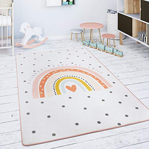 Paco Home Tapis Chambre Enfant Tapis De Jeux Tapis Bébé Arc-en-Ciel Coeur Blanc Cassé Rose, Dimension:120x160 cm