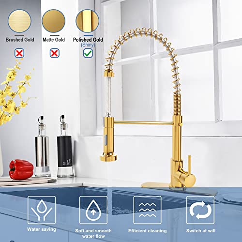 M Oudemei Commercial Pull Down Kitchen Sink Faucet With Dual Function Sprayer, Single Handle Spring Faucets With Deck Plate, High Arc Kitchen Faucet For 1 Or 3 Hole Easy Installation (Polished Gold) #TOP1