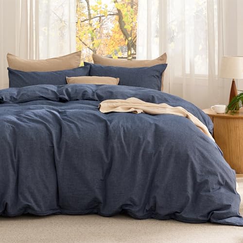 Image of Bedsure Comforter Set Full Size - Cotton Fabric with Microfiber Inner Fill, Denim Blue PureWoven Soft Bed Set for All Seasons, 3 Pieces, 1 Comforter (82 inch x 86 inch) and 2 Pillow Cases (20 inch x 26 inch)