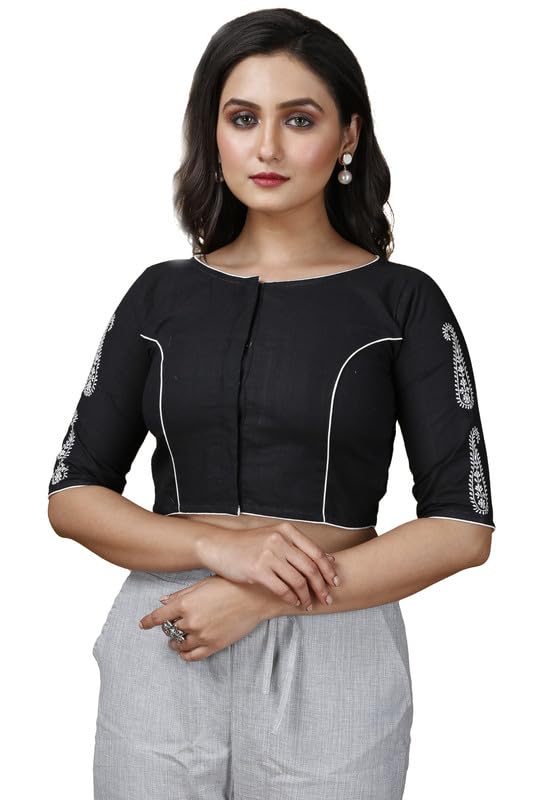 jalpaibon Boat Neck Women's Black Cotton Readymade Saree Blouse |Short Sleeve| Readymade Blouse for Women -JALPBL-24-02-138-picture-13