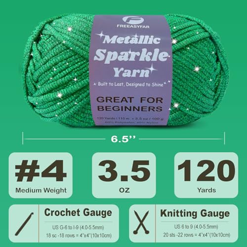 Image of Metallic Sparkle Yarn for Crochet and Knitting with Easy-to-See Stitches, Worsted Weight Medium #4, Beginners Yarn for Amigurumi, Bags, Handmade Gifts, Home Decor (Emerald, 1 Pack)